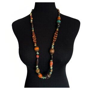 Chicos Wooden Beaded Boho Animal Print Leopard Long Necklace